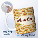 Personalized Custom Name Cartoon Cheeseburger Seamless Pattern Light Green Background Fast 11oz Ceramic Coffee Tea Mug White Large Handle