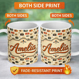 Personalized Custom Name Warm Vintage Camera Pattern with Wooden Texture Background Seamless 11oz Ceramic Coffee Tea Mug White Large Handle