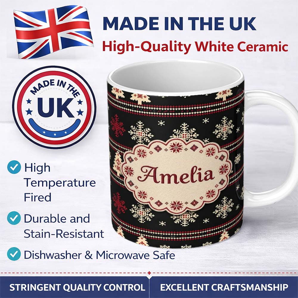 Personalized Custom Name Cute Nordic Snowflake Christmas Tree Pattern Winter Seamless Pattern 11oz Ceramic Coffee Tea Mug White Large Handle