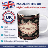 Personalized Custom Name Cute Nordic Snowflake Christmas Tree Pattern Winter Seamless Pattern 11oz Ceramic Coffee Tea Mug White Large Handle