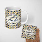 Personalized Custom Name Navy and Mustard Decorative Tile Pattern with Bold Floral Geometry 11oz Ceramic Coffee Tea Mug White Large Handle