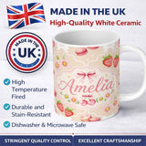 Personalized Custom Name Cute Strawberry Cherry Daisy Floral Bow Sweet Dessert Soft Sand 11oz Ceramic Coffee Tea Mug White Large Handle