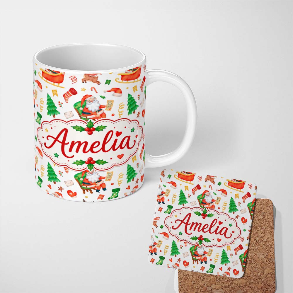 Personalized Custom Name Cute Santa Sleigh Reindeer Socks Gifts Seamless Pattern Lovely 11oz Ceramic Coffee Tea Mug White Large Handle