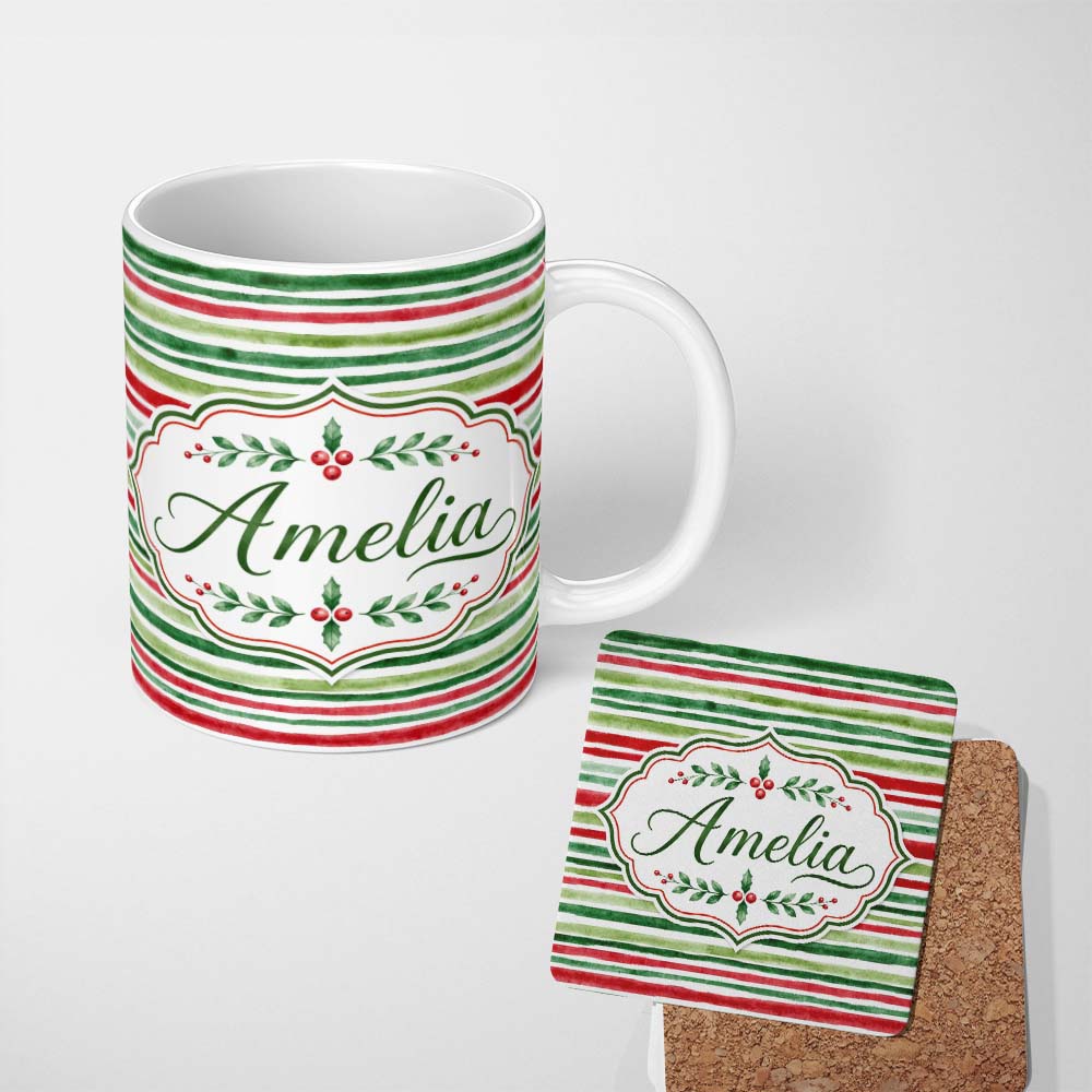 Personalized Custom Name Watercolor Red Green Horizontal Stripe Christmas Seamless Pattern 11oz Ceramic Coffee Tea Mug White Large Handle