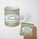 Personalized Custom Name Watercolor Red Green Horizontal Stripe Christmas Seamless Pattern 11oz Ceramic Coffee Tea Mug White Large Handle
