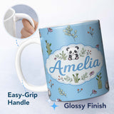 Personalized Custom Name Cute Panda Bamboo and Floral Minimal Seamless Pattern on Sky Blue 11oz Ceramic Coffee Tea Mug White Large Handle