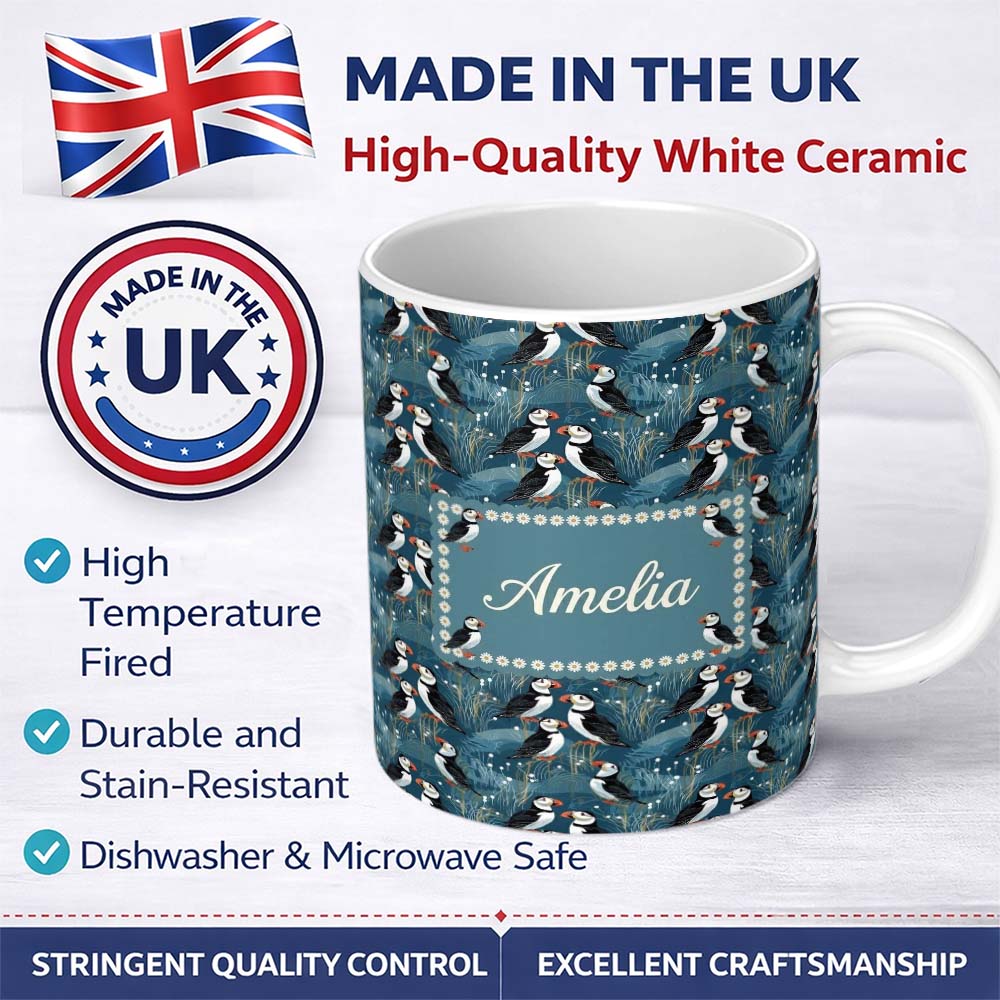 Personalized Custom Name Decorative Puffin Birds with Abstract Ocean Plants Seamless Pattern 11oz Ceramic Coffee Tea Mug White Large Handle