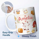 Personalized Custom Name Cute Farm Goat Barn Hay Bale Chick Milk Bucket Grey Background 11oz Ceramic Coffee Tea Mug White Large Handle