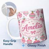 Personalized Custom Name Cute Pink Christmas Baubles Ornament Hanging Seamless Pattern Lovely 11oz Ceramic Coffee Tea Mug White Large Handle