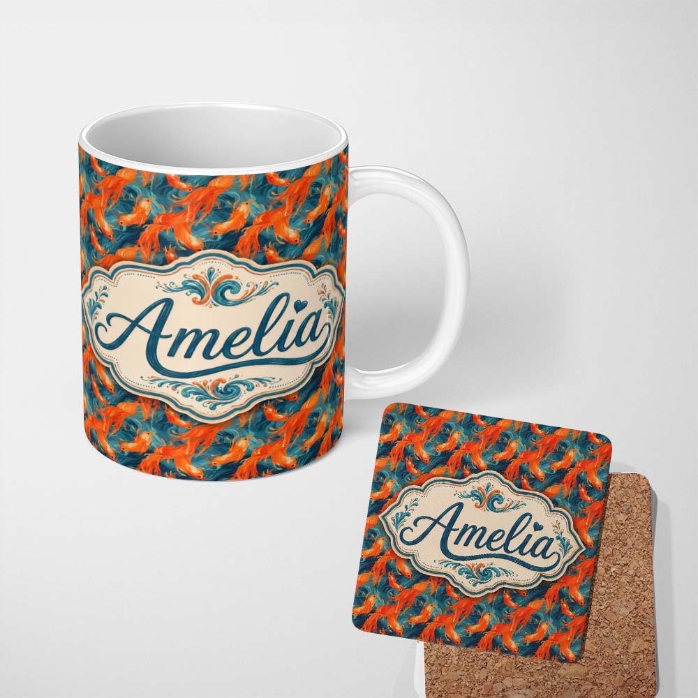 Personalized Custom Name Cute Painterly Orange Shrimp with Flowing Ocean Waves Seamless 11oz Ceramic Coffee Tea Mug White Large Handle