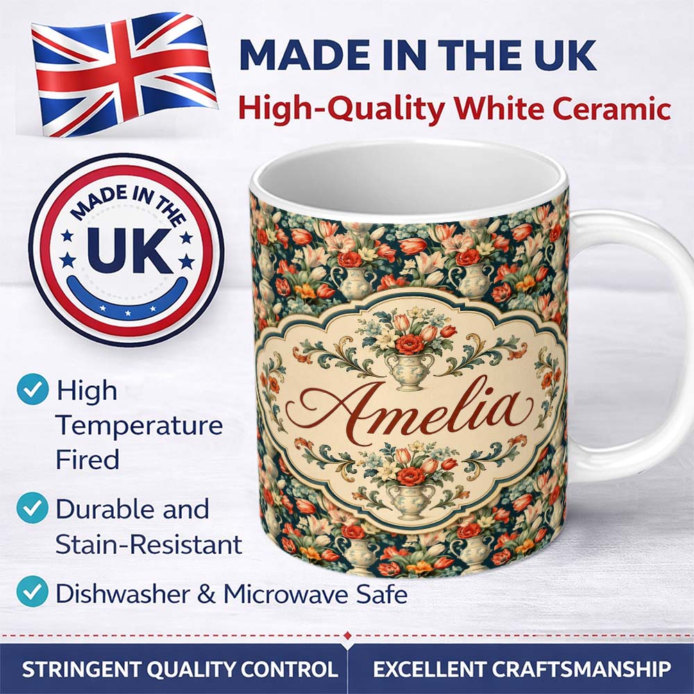 Personalized Custom Name Rich Floral Arrangement with Tulips in Ornate Vase on Dark Lovely 11oz Ceramic Coffee Tea Mug White Large Handle