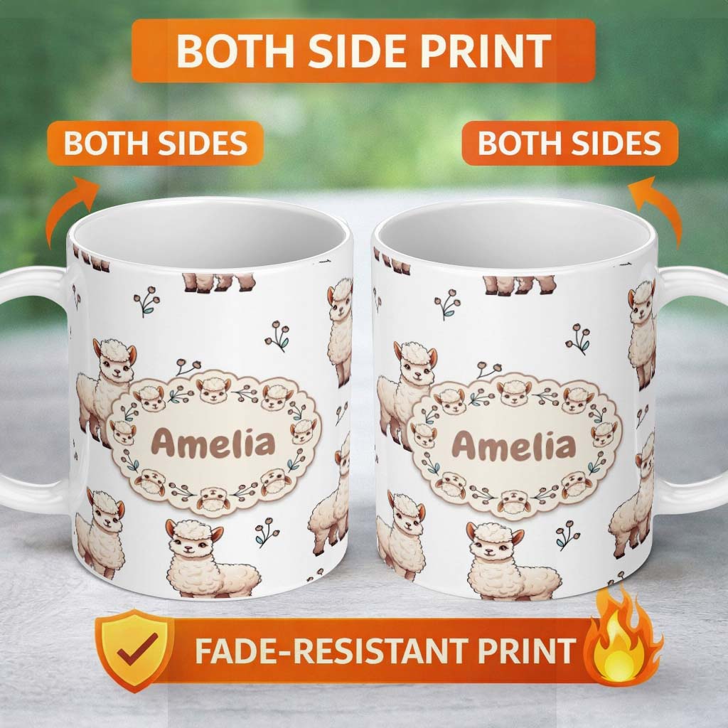 Personalized Custom Name Cute Alpaca Llama Pattern with Floral Sprigs on Grey Background 11oz Ceramic Coffee Tea Mug White Large Handle