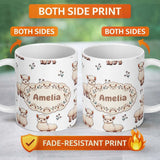 Personalized Custom Name Cute Alpaca Llama Pattern with Floral Sprigs on Grey Background 11oz Ceramic Coffee Tea Mug White Large Handle