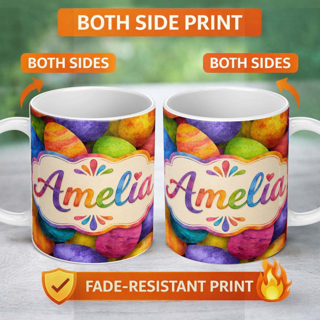Personalized Custom Name Bright Watercolour Easter Egg Pattern in Vibrant Multicolour Tones 11oz Ceramic Coffee Tea Mug White Large Handle
