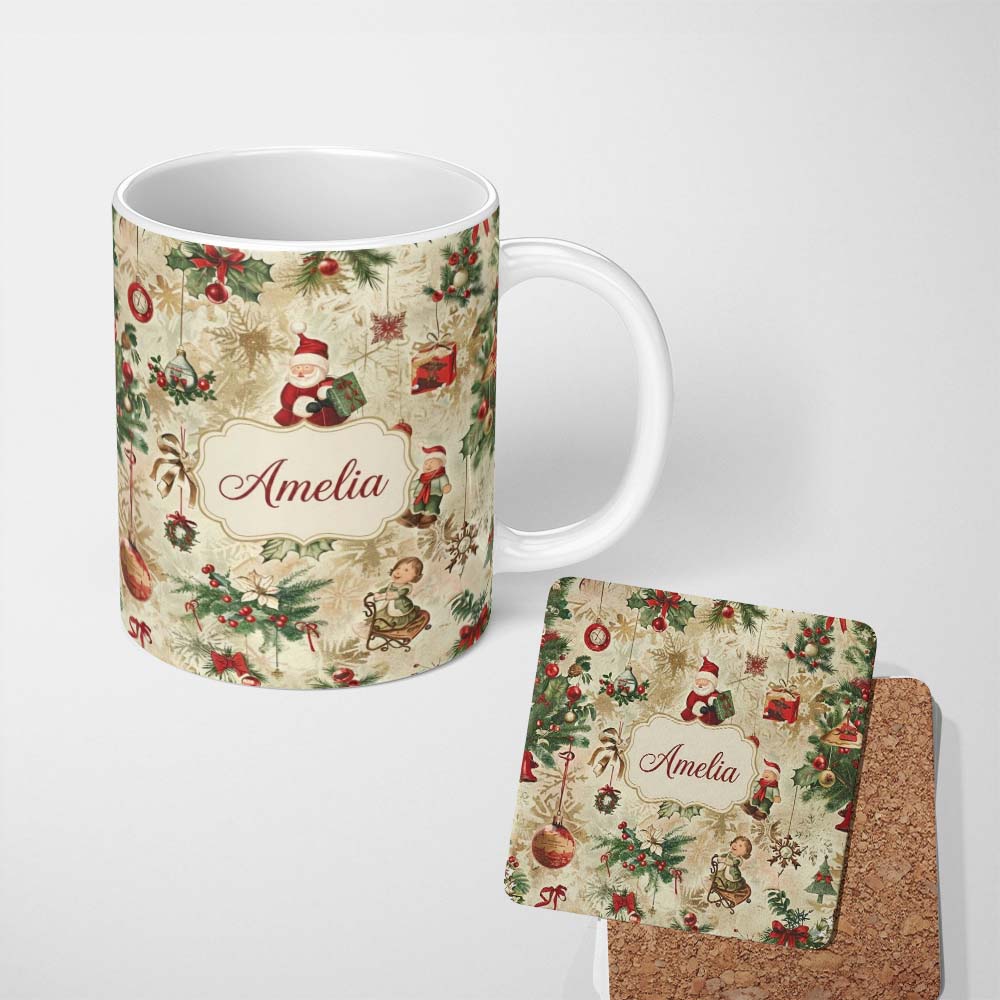 Personalized Custom Name Whimsical Santa Claus Gifts Children and Hanging Ornaments Festive 11oz Ceramic Coffee Tea Mug White Large Handle