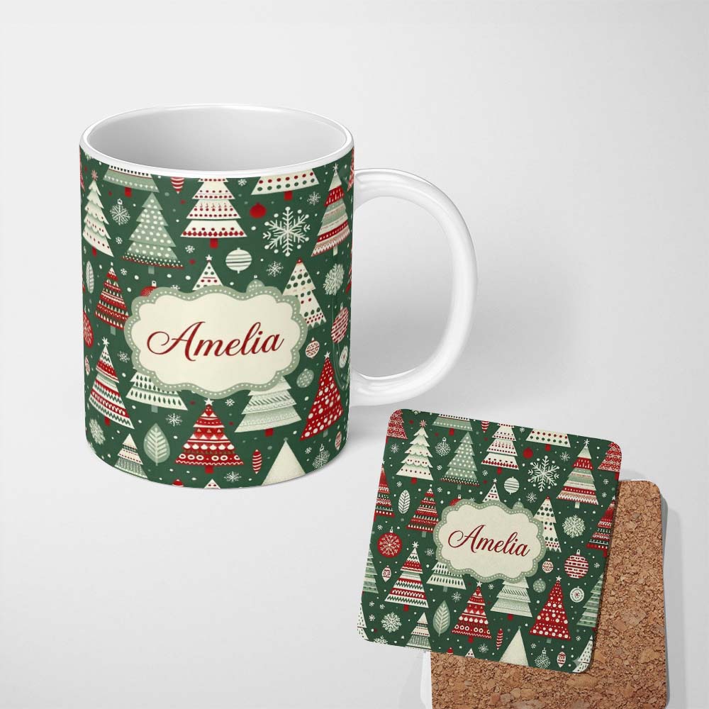 Personalized Custom Name Scandi Christmas Trees Red White Green Snowflakes Nordic Seamless 11oz Ceramic Coffee Tea Mug White Large Handle