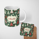 Personalized Custom Name Scandi Christmas Trees Red White Green Snowflakes Nordic Seamless 11oz Ceramic Coffee Tea Mug White Large Handle
