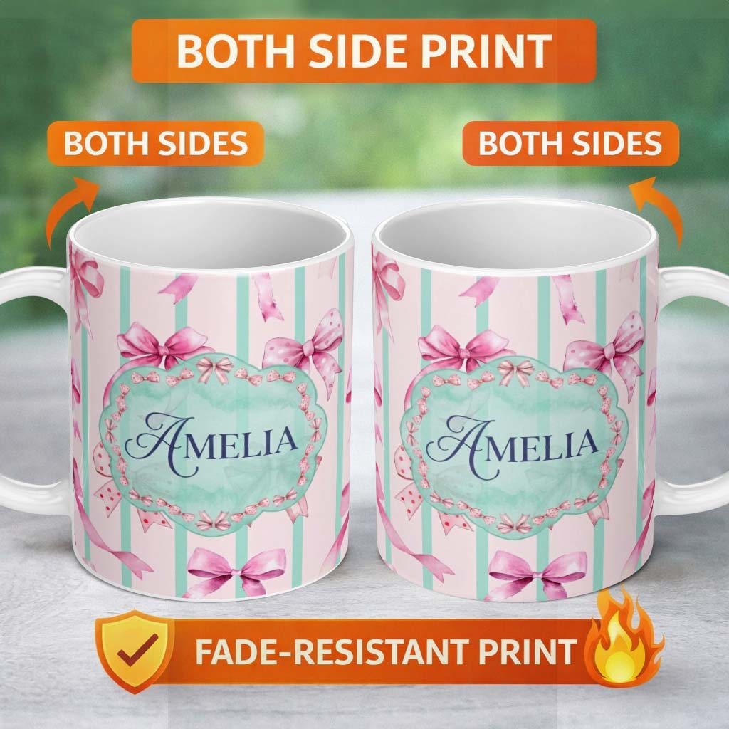 Personalized Custom Name Watercolor Pink Ribbon Bow Seamless Pattern with Mint Green Stripes 11oz Ceramic Coffee Tea Mug White Large Handle