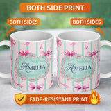 Personalized Custom Name Watercolor Pink Ribbon Bow Seamless Pattern with Mint Green Stripes 11oz Ceramic Coffee Tea Mug White Large Handle