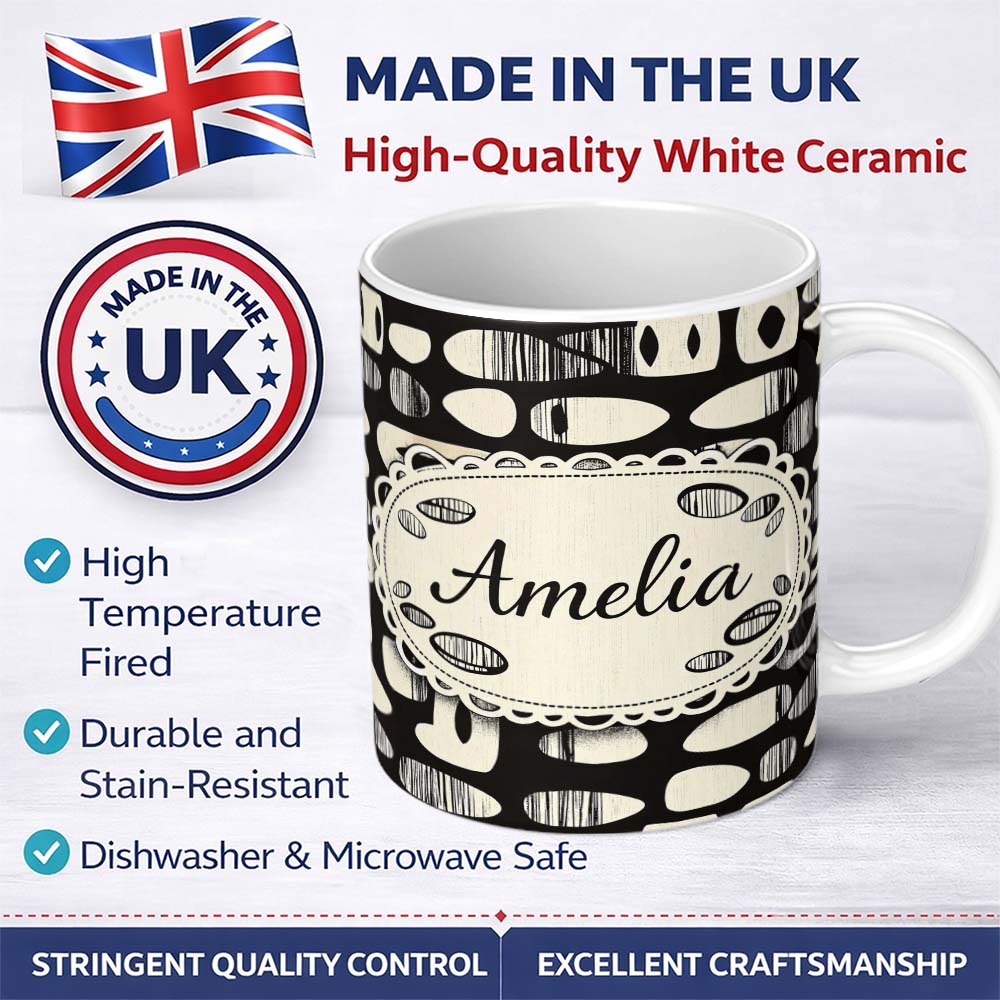 Personalized Custom Name Abstract Oval Pebbles Black Cream Organic Shapes Pattern Lovely 11oz Ceramic Coffee Tea Mug White Large Handle
