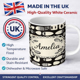 Personalized Custom Name Abstract Oval Pebbles Black Cream Organic Shapes Pattern Lovely 11oz Ceramic Coffee Tea Mug White Large Handle