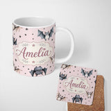 Personalized Custom Name Cute Baby Bats Flying with Stars Soft Blush Pink Background 11oz Ceramic Coffee Tea Mug White Large Handle
