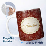 Personalized Custom Name Elegant Gold Snowflake Red Background Christmas Seamless Pattern 11oz Ceramic Coffee Tea Mug White Large Handle