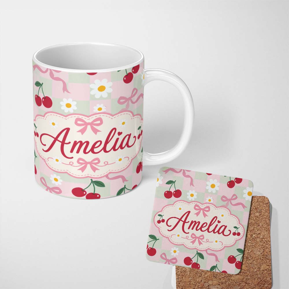 Personalized Custom Name Cute Cherry and Daisy Flowers with Pink Ribbon Bows Green Check 11oz Ceramic Coffee Tea Mug White Large Handle