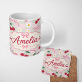 Personalized Custom Name Cute Cherry and Daisy Flowers with Pink Ribbon Bows Green Check 11oz Ceramic Coffee Tea Mug White Large Handle