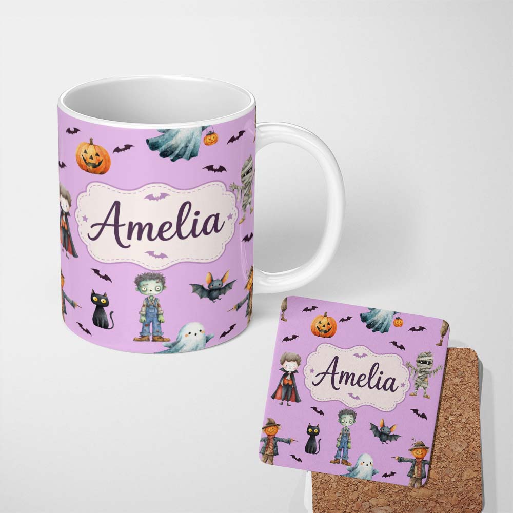 Personalized Custom Name Halloween Zombie Mummy Vampire Characters Purple Background Lovely 11oz Ceramic Coffee Tea Mug White Large Handle