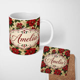Personalized Custom Name Deep Green Background Red Poinsettia Festive Seamless Pattern Lovely 11oz Ceramic Coffee Tea Mug White Large Handle