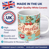 Personalized Custom Name Cute Gingerbread Man Christmas Tree Candy Cane Holiday Pattern Blue 11oz Ceramic Coffee Tea Mug White Large Handle
