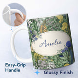 Personalized Custom Name Tropical Botanical Garden Illustration Green Floral Seamless Pattern 11oz Ceramic Coffee Tea Mug White Large Handle