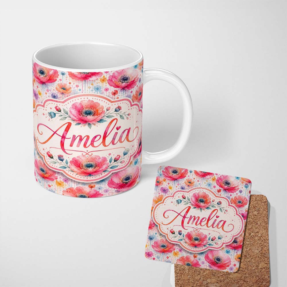 Personalized Custom Name Soft Pastel Poppy Floral Watercolor Artistic Seamless Pattern Lovely 11oz Ceramic Coffee Tea Mug White Large Handle
