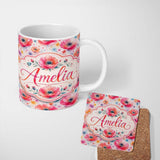 Personalized Custom Name Soft Pastel Poppy Floral Watercolor Artistic Seamless Pattern Lovely 11oz Ceramic Coffee Tea Mug White Large Handle