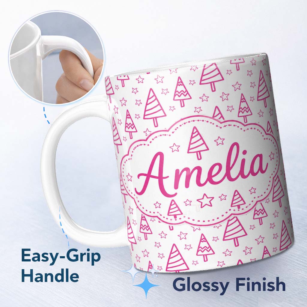 Personalized Custom Name Minimal Pink Christmas Tree Star Seamless Pattern Cute Unique Gift 11oz Ceramic Coffee Tea Mug White Large Handle