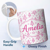 Personalized Custom Name Minimal Pink Christmas Tree Star Seamless Pattern Cute Unique Gift 11oz Ceramic Coffee Tea Mug White Large Handle