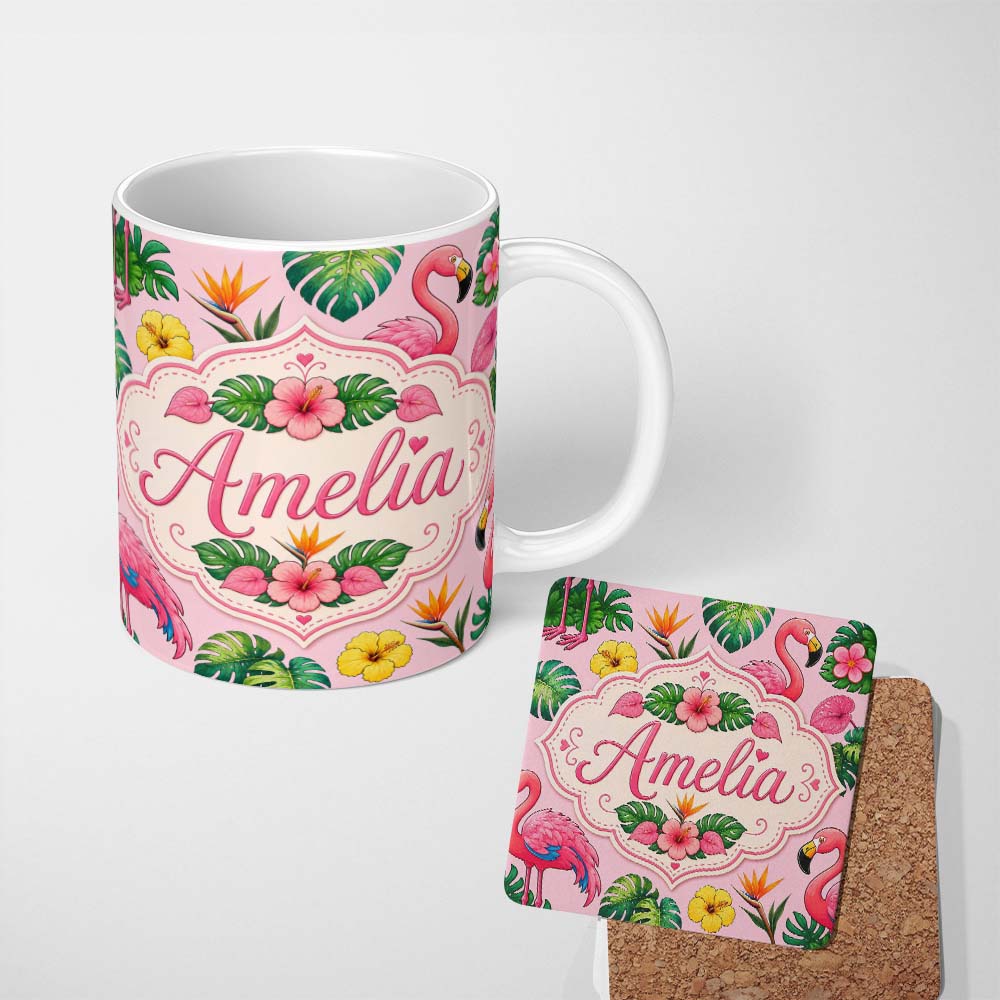 Personalized Custom Name Tropical Flamingo with Hibiscus Flowers and Leaves Soft Pink Lovely 11oz Ceramic Coffee Tea Mug White Large Handle