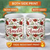 Personalized Custom Name Watercolor Poinsettia Flowers Holly Leaves Red Berries Seamless 11oz Ceramic Coffee Tea Mug White Large Handle