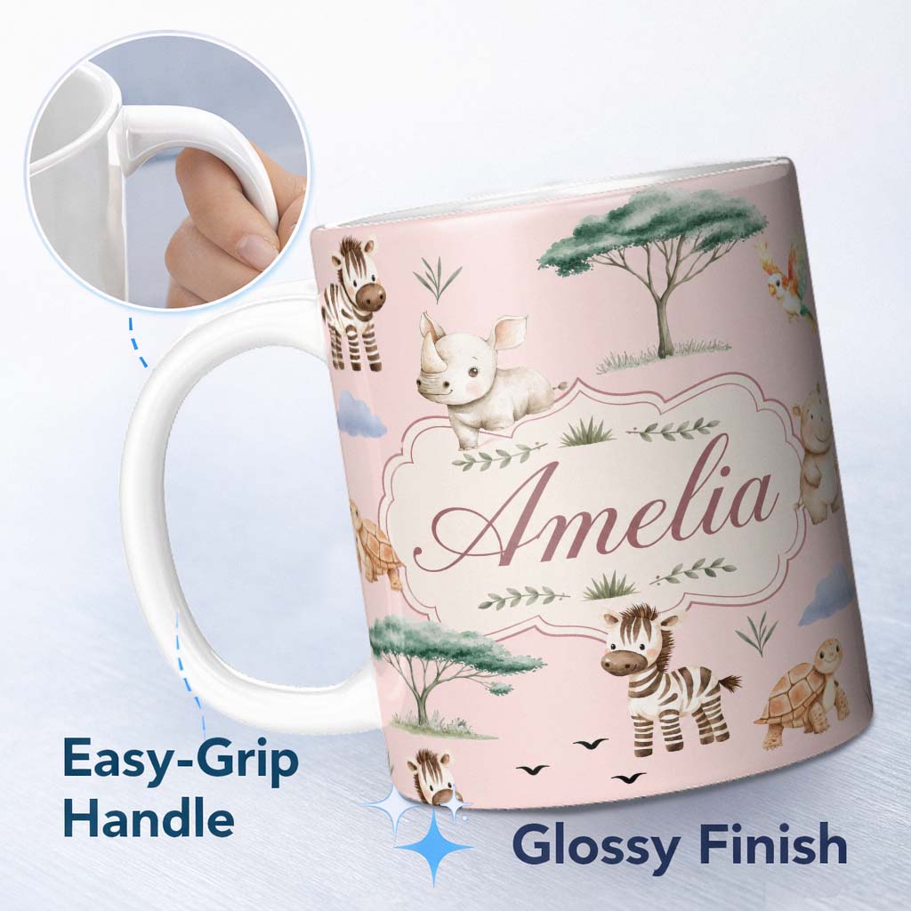Personalized Custom Name Cute Safari Animals Zebra Rhino Turtle Soft Pink Seamless Pattern 11oz Ceramic Coffee Tea Mug White Large Handle