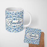 Personalized Custom Name Classic Blue Floral Vine Pattern on Light Background Vintage Style 11oz Ceramic Coffee Tea Mug White Large Handle