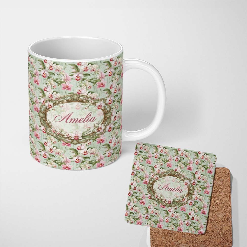 Personalized Custom Name Soft Pink and White Orchid Pattern on Light Green Background Lovely 11oz Ceramic Coffee Tea Mug White Large Handle
