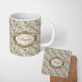 Personalized Custom Name Soft Pink and White Orchid Pattern on Light Green Background Lovely 11oz Ceramic Coffee Tea Mug White Large Handle