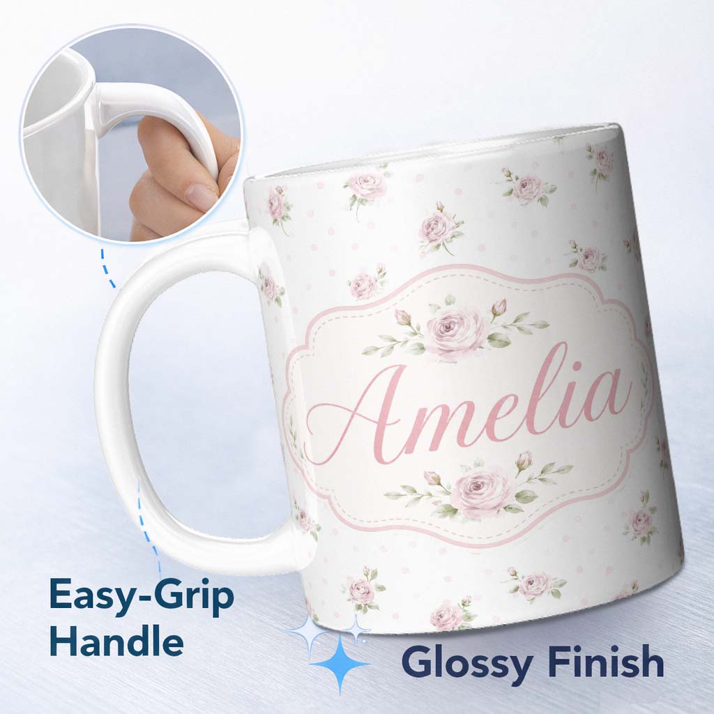 Personalized Custom Name Soft Pink Roses Polka Dot Background Vintage Seamless Pattern Lovely 11oz Ceramic Coffee Tea Mug White Large Handle