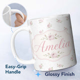 Personalized Custom Name Soft Pink Roses Polka Dot Background Vintage Seamless Pattern Lovely 11oz Ceramic Coffee Tea Mug White Large Handle