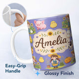 Personalized Custom Name Cute Farm Girl Animals Harvest Seamless Pattern Purple Background 11oz Ceramic Coffee Tea Mug White Large Handle