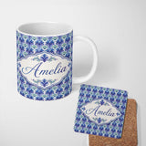 Personalized Custom Name Cool Blue and Teal Watercolor Floral Ornamental Seamless Pattern 11oz Ceramic Coffee Tea Mug White Large Handle