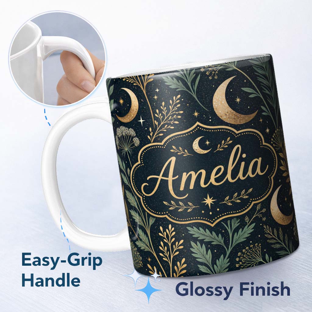Personalized Custom Name Celestial Botanical Moon Stars Night Sky Leaves Seamless Pattern 11oz Ceramic Coffee Tea Mug White Large Handle