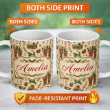 Personalized Custom Name Vintage Christmas Boots Candy Cane Gramophone Pinecone Seamless 11oz Ceramic Coffee Tea Mug White Large Handle