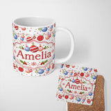 Personalized Custom Name Christmas Hanging Baubles Garland Stars Seamless Pattern Lovely 11oz Ceramic Coffee Tea Mug White Large Handle